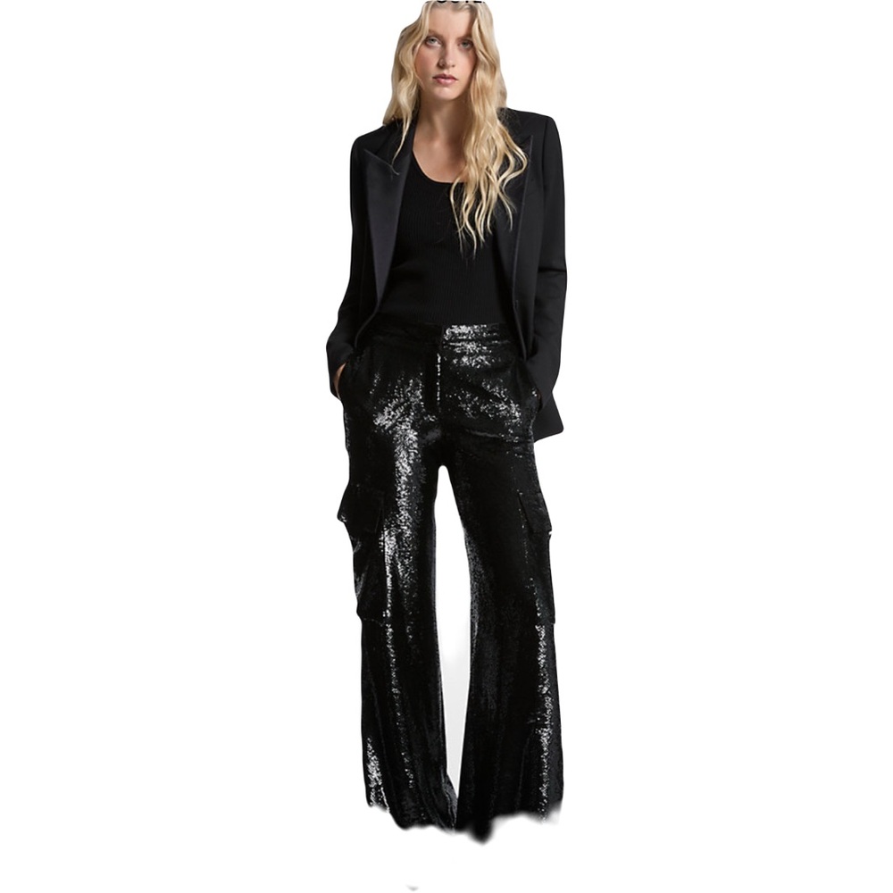 Zara Black Sequin Flare Pants S - Picture 2 of 7